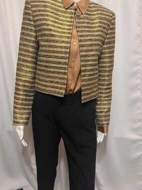 Ann May Metallic Gold Striped Cropped Blazer Jacket Silk Blend Vintage Size 4